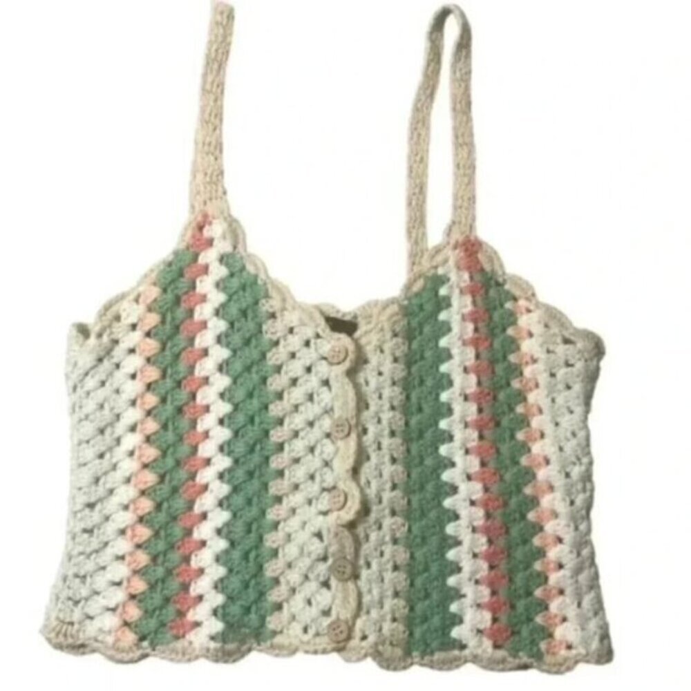 FOREVER 21 Crochet Crop Tank Size S‎ Green White Striped Bra Top Party Festival